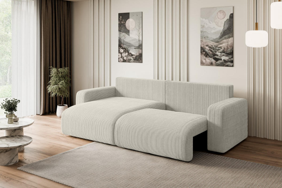 ECKSOFA mit Schlaffunktion und Bettkasten KLEEA-L - 247x143x83 cm Hellgrau Cord - Hellgrau/Schwarz, Holzwerkstoff/Kunststoff (247/143cm) - ALTDECOR