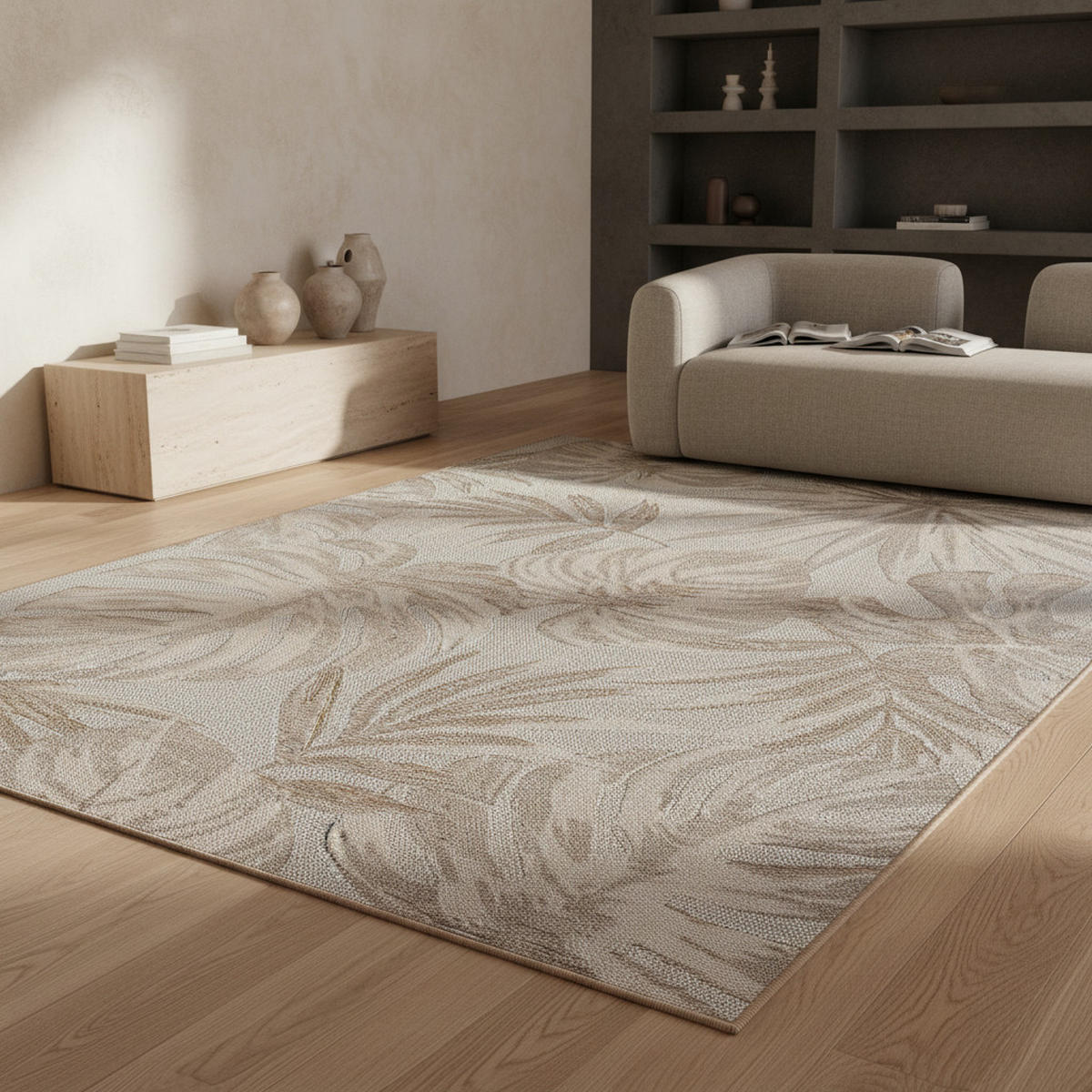 TEPPICH Outdoor Flachgewebe Tropenmuster Polypropylen Terrasse Beige Läufer 80x150 - Beige, Textil (80/150cm) - KADIMA DESIGN