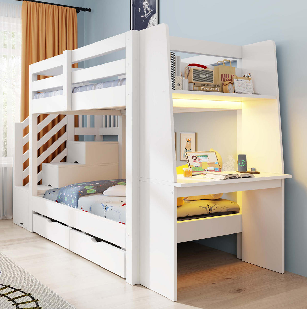 HOCHBETT aus Holz 90x200 cm Weiß mit Stauraumtreppe, Schreibtisch, LED-Beleuchtung und Schubladen - Weiß, Holz (90/200cm) - Modfu