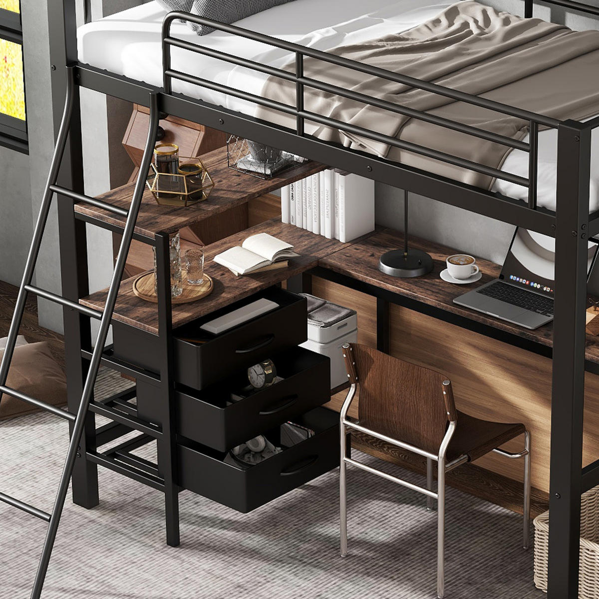 HOCHBETT 90/200 cm in Schwarz mit 2 m Schreibtisch und 3 Schubladen - Schwarz, Metall (90/200cm) - Flora Grace