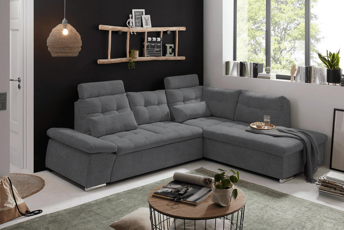 ECKSOFA mit Schlaffunktion, verstellbare Armlehne und Kopfstützen - Chromfarben/Anthrazit, Textil (219/260cm) - ed exciting design