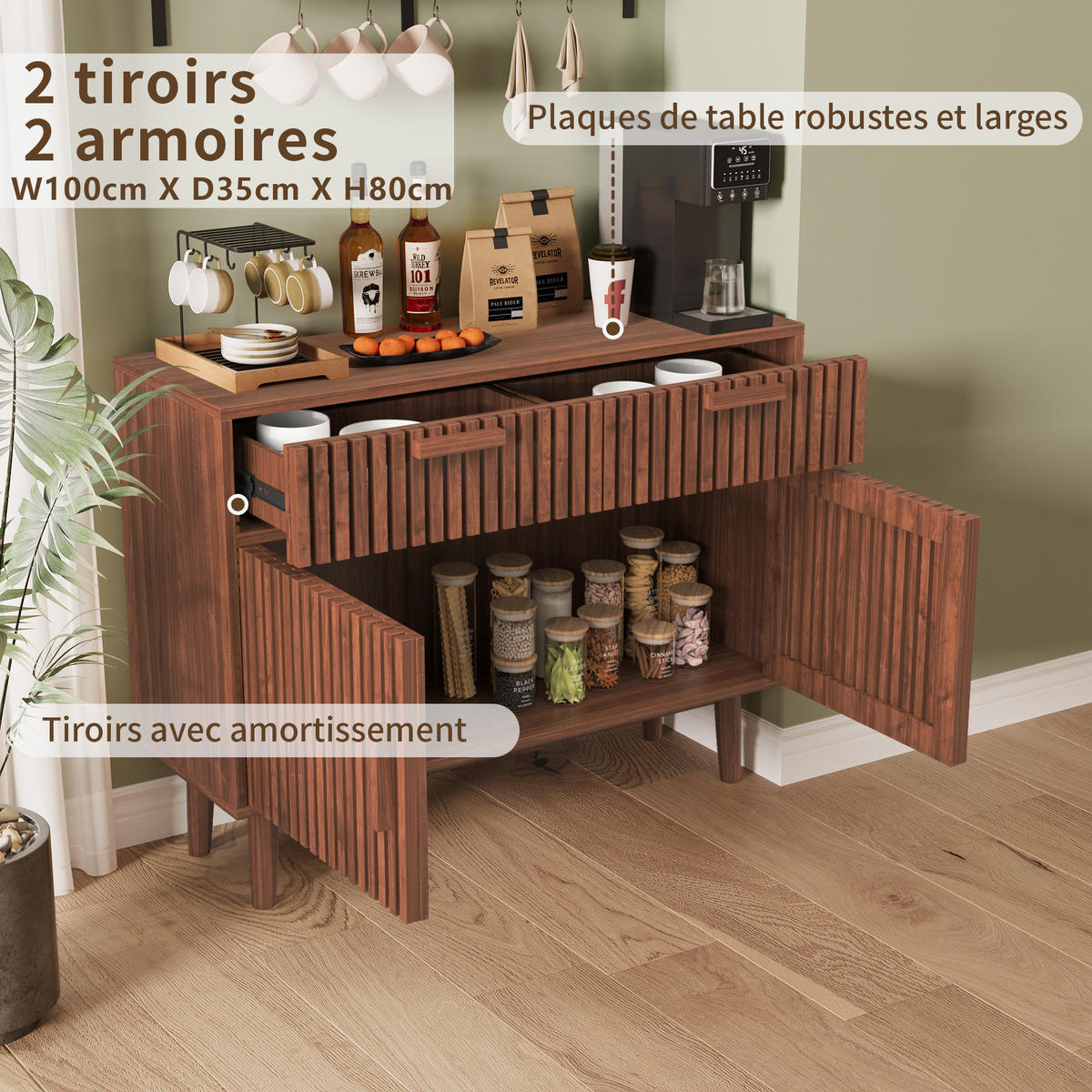 SIDEBOARD 100x35x80 cm 2 Schubladen 2 Türen Holz Walnuss - Braun, Holz (100/80/35cm) - Fortuna Lai