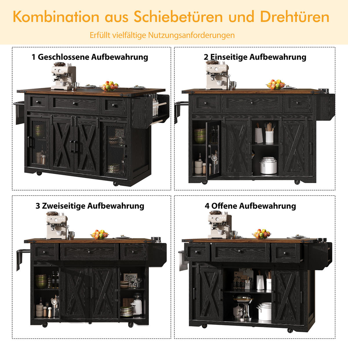 KÜCHENINSEL Küchenwagen Ausziehbare Arbeitsplatte - Schwarz, Holzwerkstoff (120.2/91.5/45.3cm) - FLIEKS