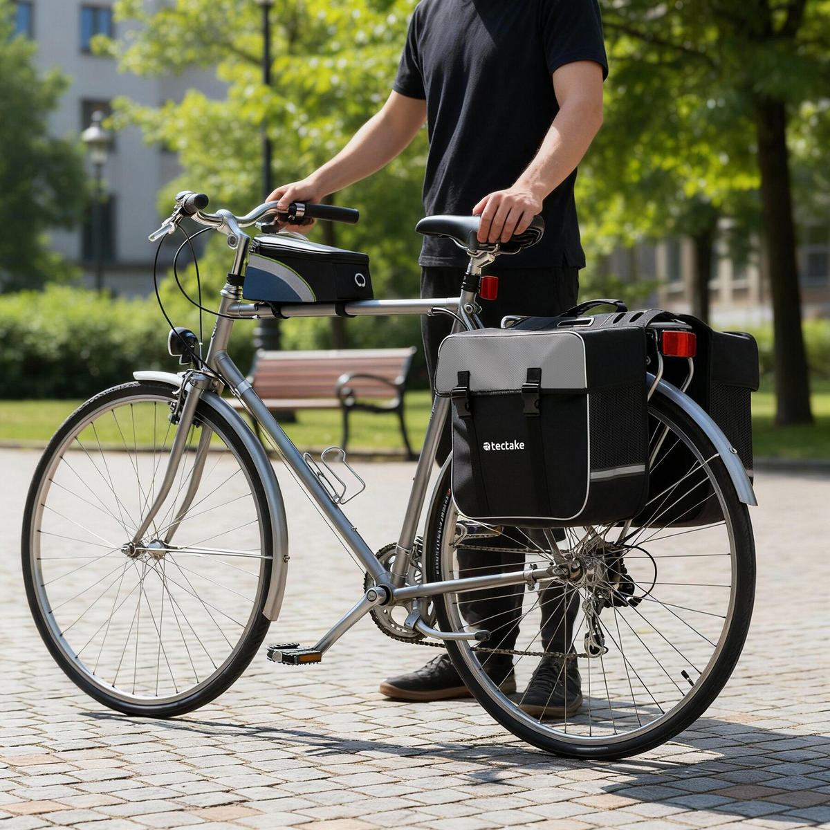 FAHRRADTASCHE Georg mit Fahrradrahmentasche, wasserabweisend und robust, schwarz/grün - Schwarz/Grün, Textil (8.5/8.5/18cm) - tectake