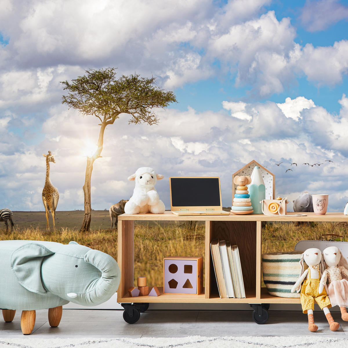 FOTOTAPETE für Kinderzimmer Safari Tiere Elefant Giraffe Löwe 300x210 - Beige/Braun, Papier (300/210cm) - Muralo