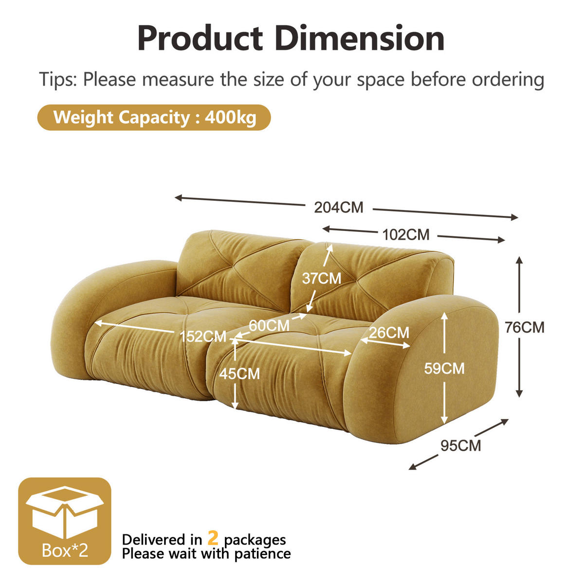 MODULSOFA 2-Sitzer ohne Montage mit 32D-Schaumstoff und chenillebezogener Oberfläche, Gelb - Gelb, Textil (204/76/95cm) - Redom
