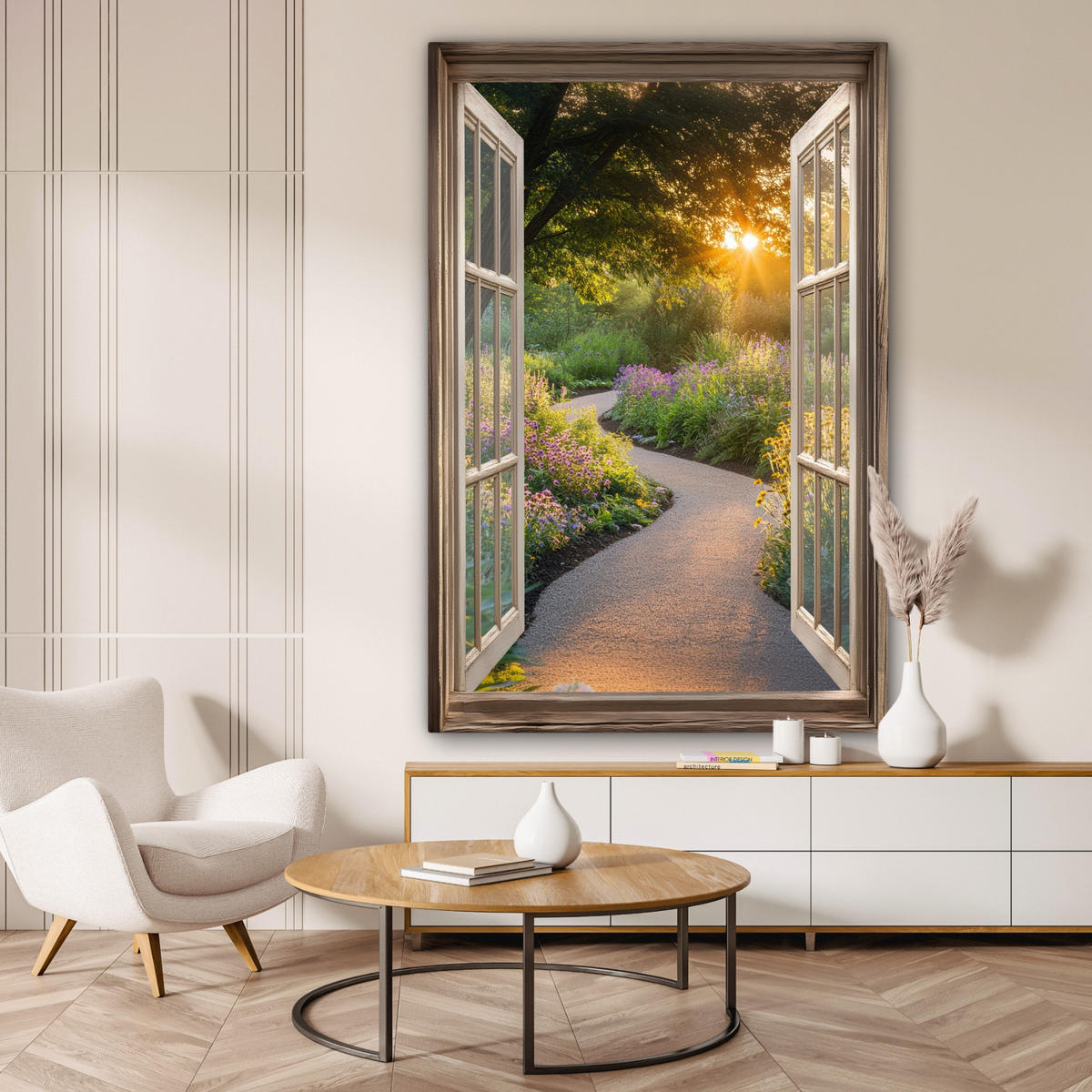 SLIKA NA PLATNU Pogled skozi okno 90x140 cm - svetlo rumena, tekstil (90/140cm) - MuchoWow
