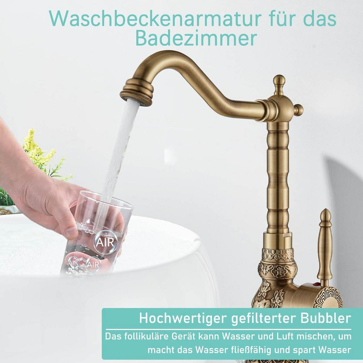WASCHTISCHARMATUR Antik Messing 360° drehbar - Bronzefarben, Metall (7/35/15cm)
