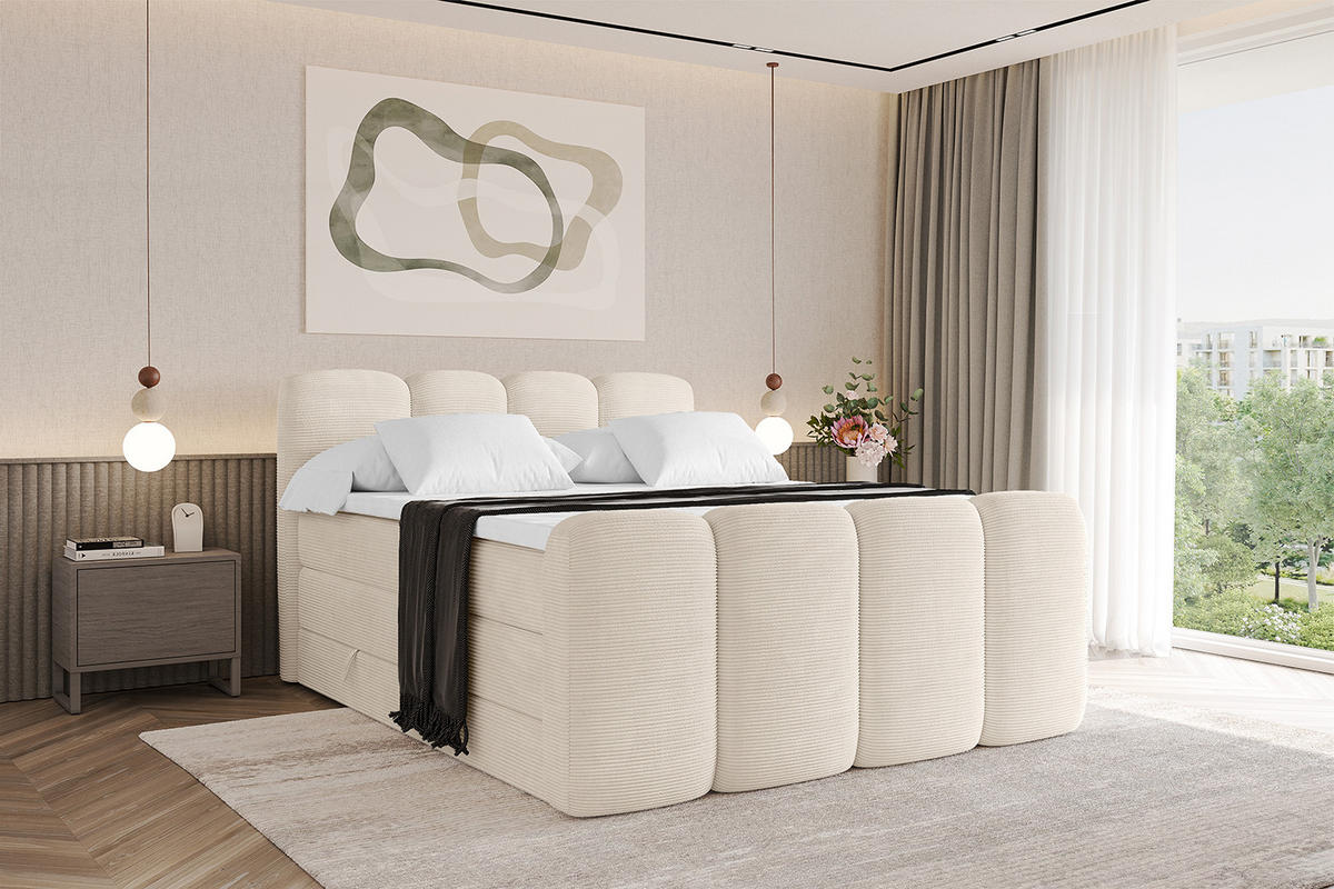BOXBETT mit Matratze H3|H4 und Lattenrost - NINA-Z KING - 200x200 cm Poso - Beige - Ecru, Holzwerkstoff (200/200cm)