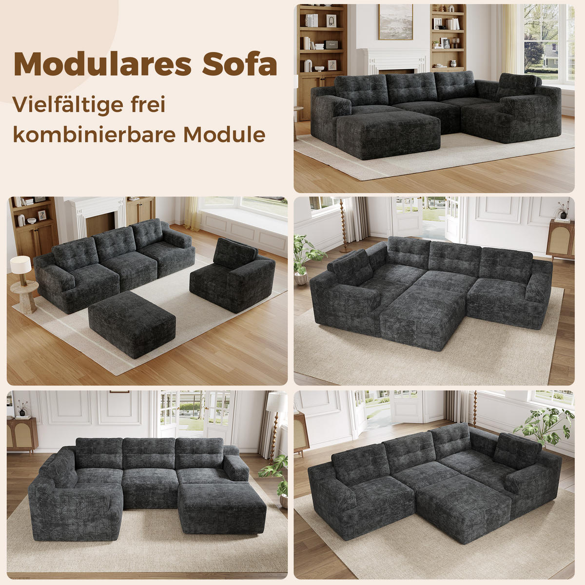 WOHNLANDSCHAFT 252/180/82 cm Grau mit 1 Fußhocker - Grau, Textil (252/82/180cm) - Oxeza