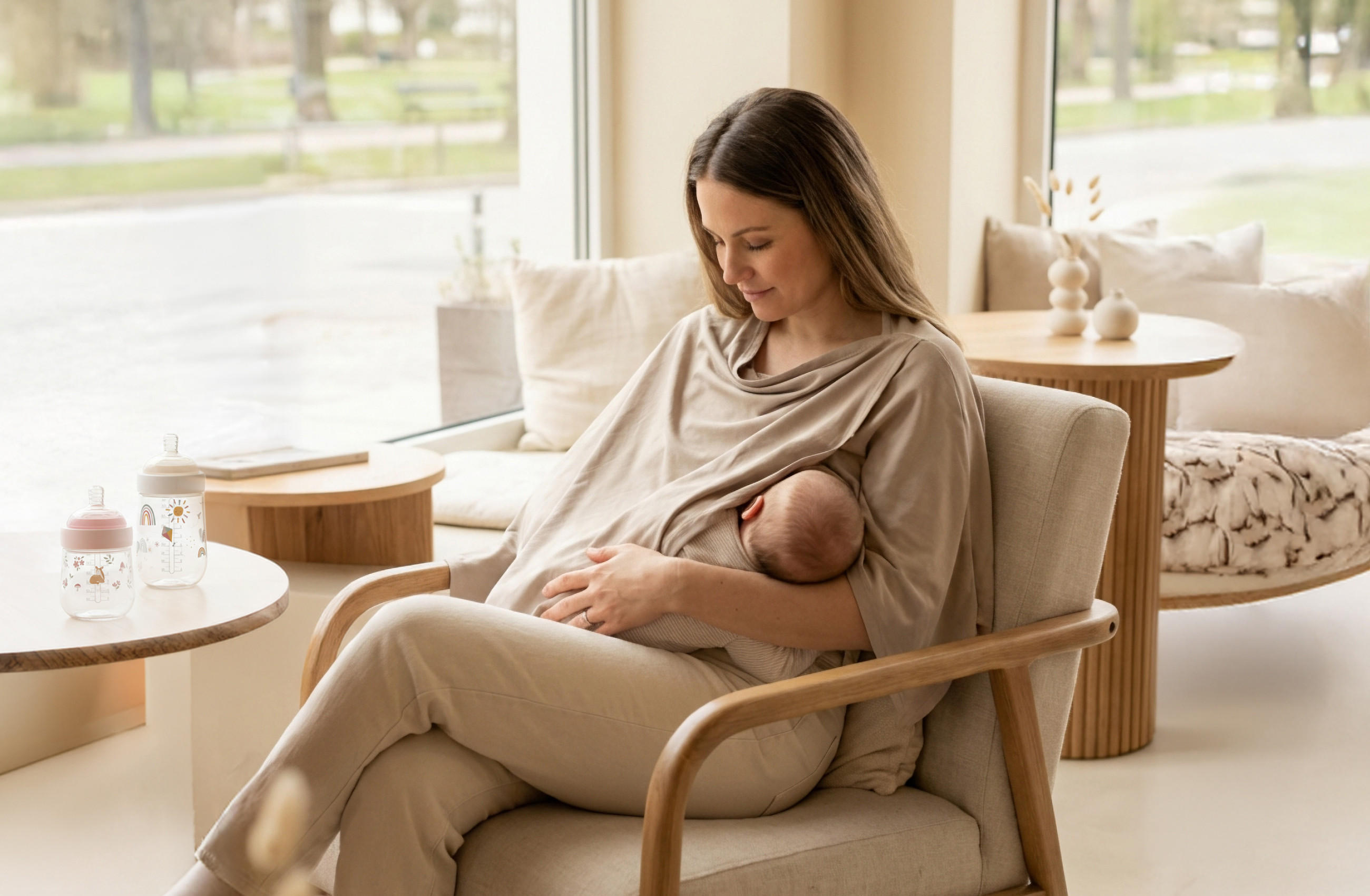 Junge Mutter stillt ihr Baby entspannt im Sessel; auf dem Tisch stehen Babyflaschen.