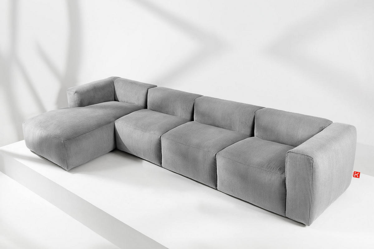ECKMODULSOFA-LINKS BUFFO 6-Sitzer mit extrem weicher Sitzfläche, Kordstoff, hellgrau - Hellgrau, Textil (377/180cm) - KONSIMO®