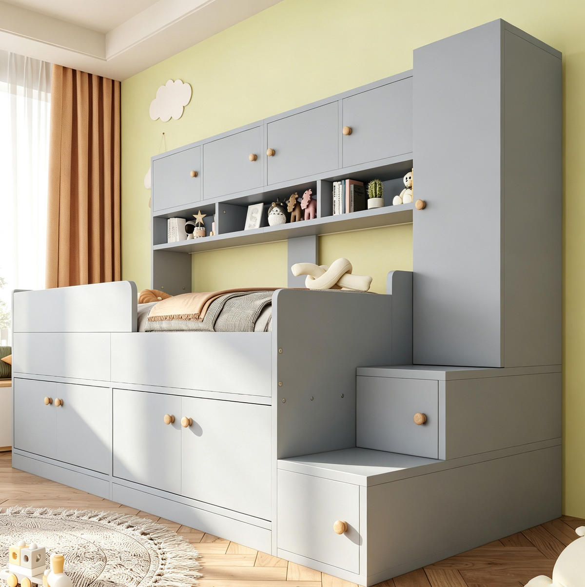 KINDERBETT Holz 90x200 cm Grau mit Stauraum, Leiter, Kleiderschrank und LED-Beleuchtung - Grau, Holz (90/200cm) - Modfu