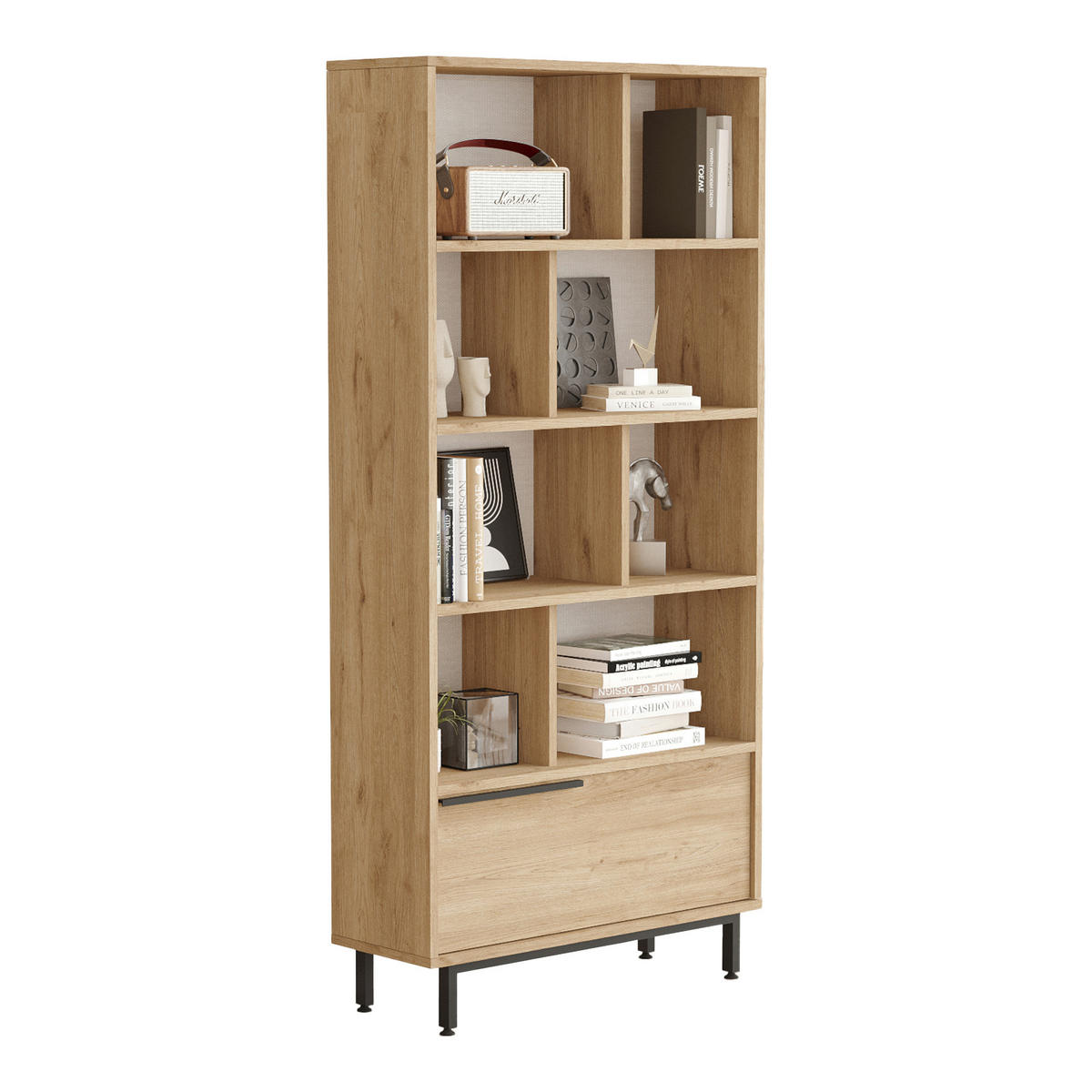 BÜCHERREGAL Fajaarire - Eichefarben/Schwarz, Holzwerkstoff/Metall (84/175.5/29.5cm) - [en.casa]