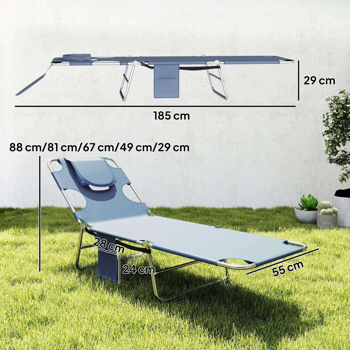 SONNENLIEGE klappbar, Seitentasche, Grau - Grau, Kunststoff (55/29/185cm) - Outsunny