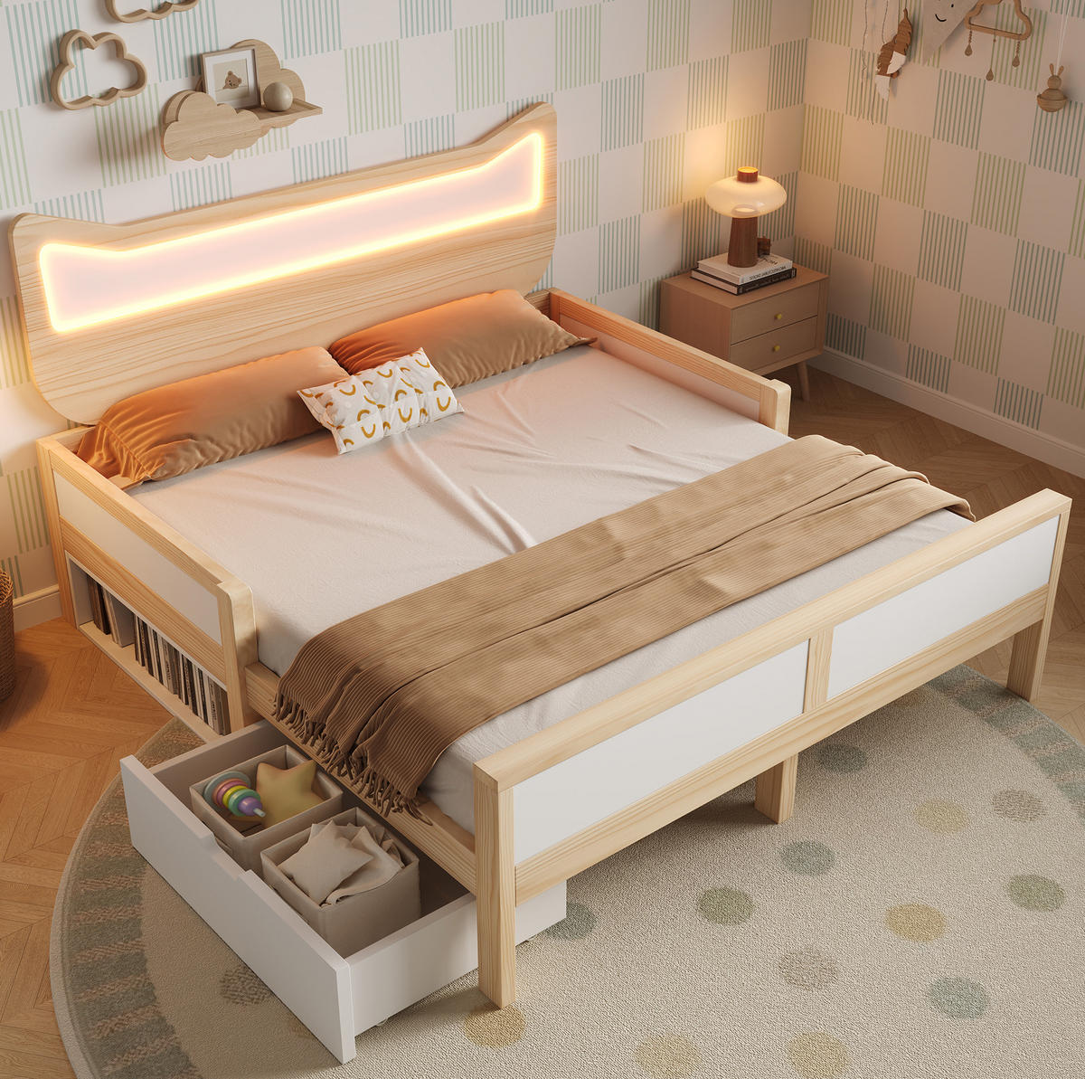 KINDERBETT 140/200 cm mit RGB-LED, Katzenkopfteil, Schublade, Staufach und Schutzgitter, Weiß/Eiche - Weiß, Holzwerkstoff (140/200cm) - Redom