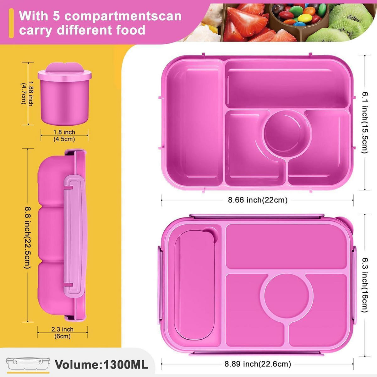 BROTDOSE mit Fächern 1300 ml BPA-frei Mikrowellenfest - Pink, Kunststoff (16/6/22.6cm)