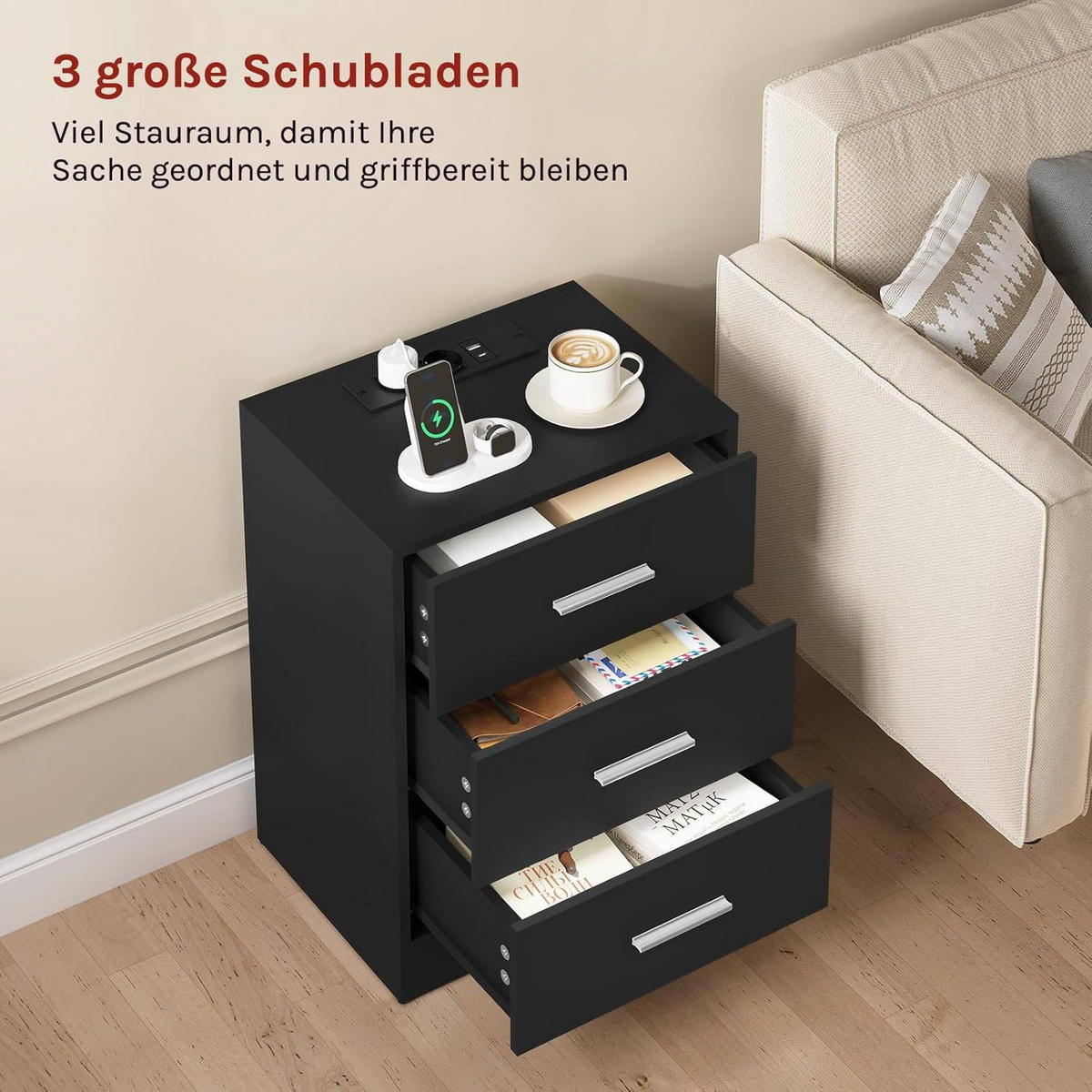 NACHTTISCH, Beistelltisch mit Ladefunktion, Schwarz - Schwarz, Holzwerkstoff (39/54/28cm) - Woltu