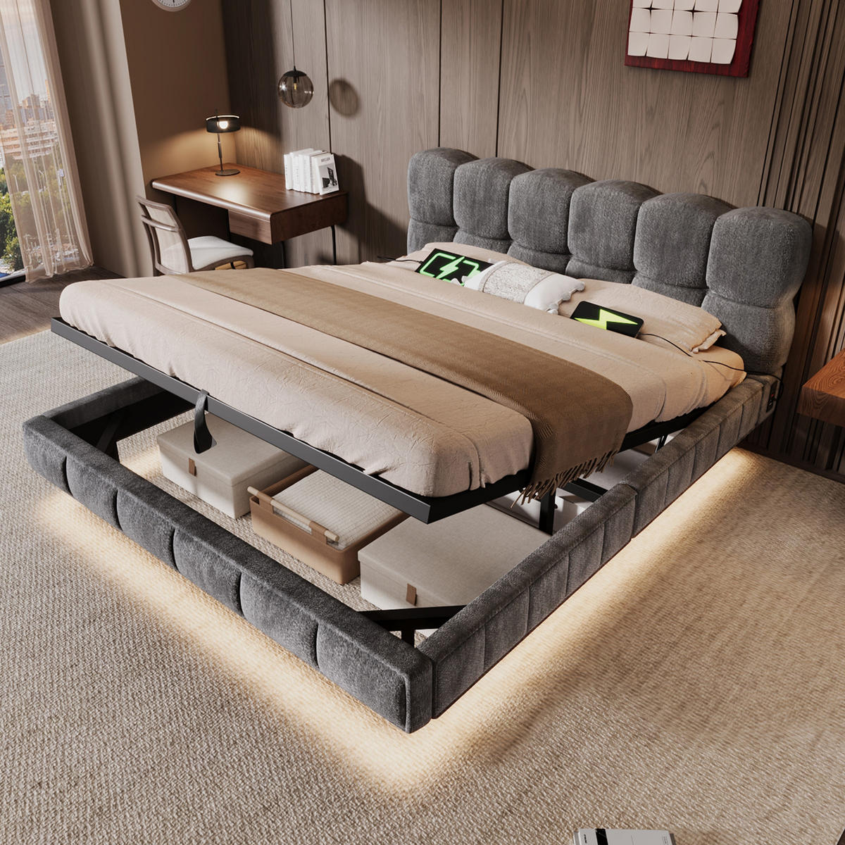 POLSTERBETT 140/200 mit Bettkasten, LED und USB in Grau - Grau, Holzwerkstoff/Textil (140/200cm) - EVRYAE