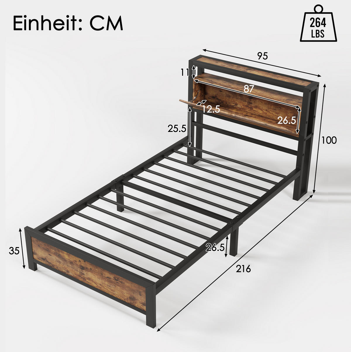 EINZELBETT 90/200 cm mit Stauraum-Kopfteil und Metall-Lattenrost im Industrial-Stil, Natur - Naturfarben, Metall (90/200cm) - Redom