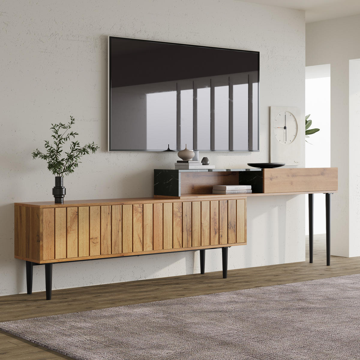 TV-STÄNDER Natural Wood mit Marmor- und Holzmaserungsdesign, PVC-Kante und stabilen Eisenbeinen - Naturfarben, Holzwerkstoff (240/58/22cm) - OKWISH