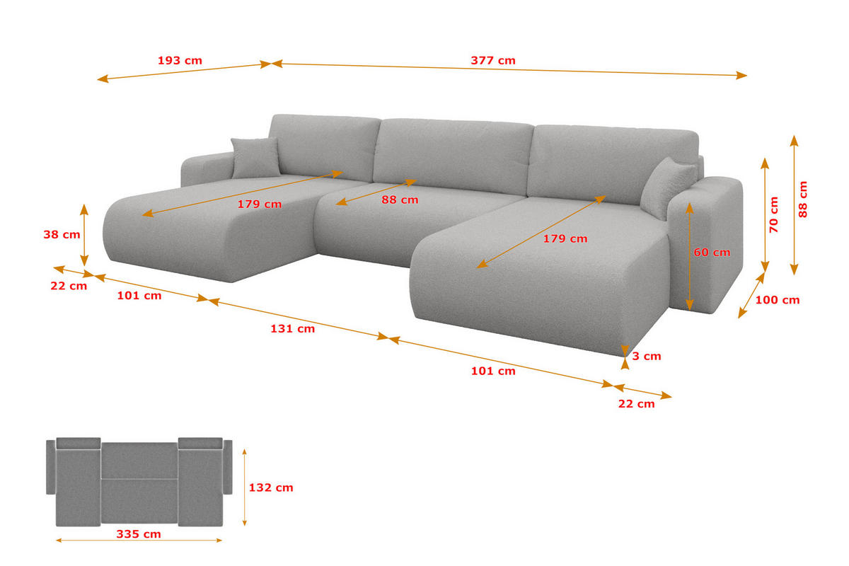 SEDACÍ SOUPRAVA DO U s funkcí spaní a úložným prostorem BERY-U 377x193x88 světle šedá bouclé - černá/stříbrná, kompozitní dřevo/textil (377/88/193cm) - ALTDECOR