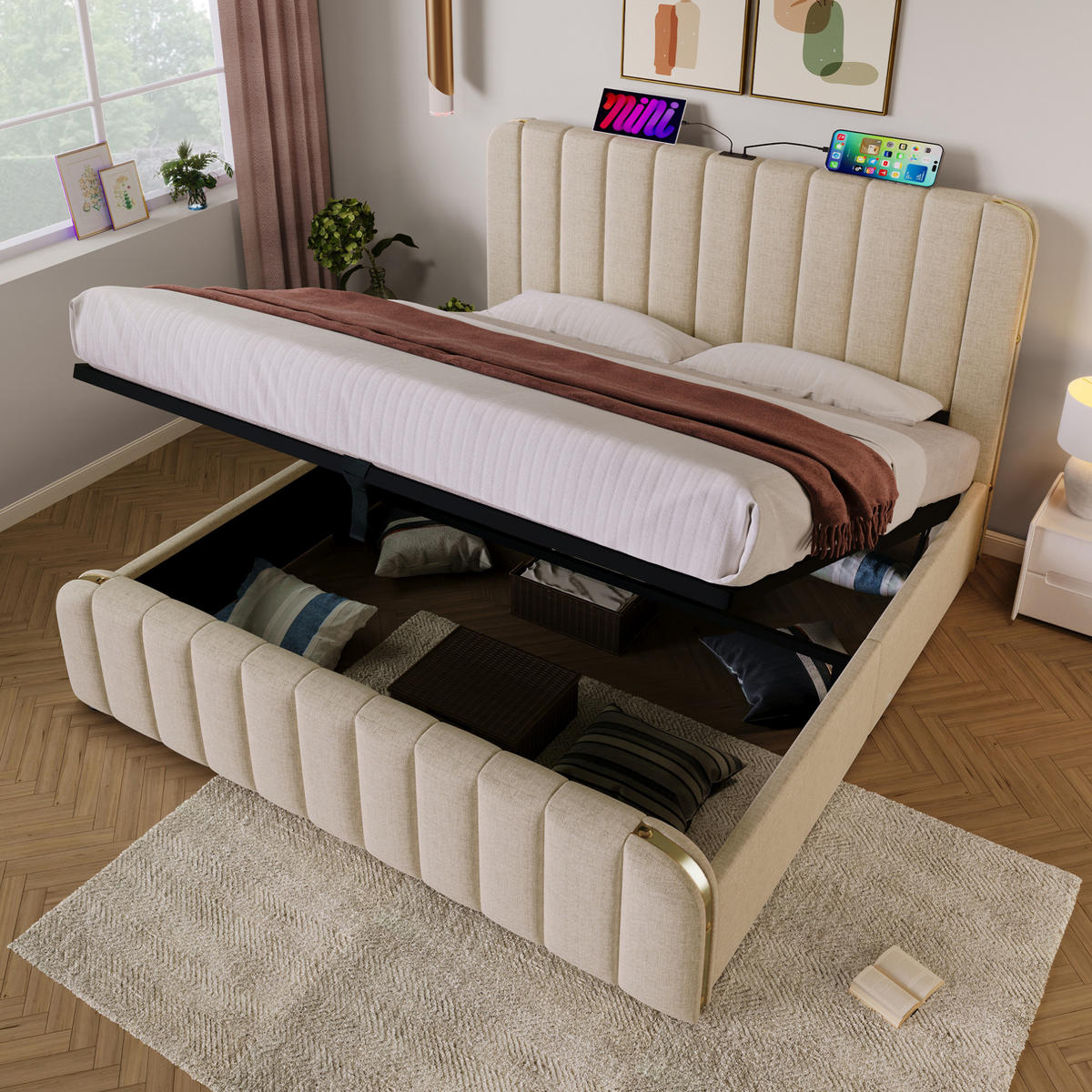 POLSTERBETT mit Stauraum und USB/Typ-C 180x200 cm Beige Leinen - Beige, Metall (180/200cm) - Meubliv