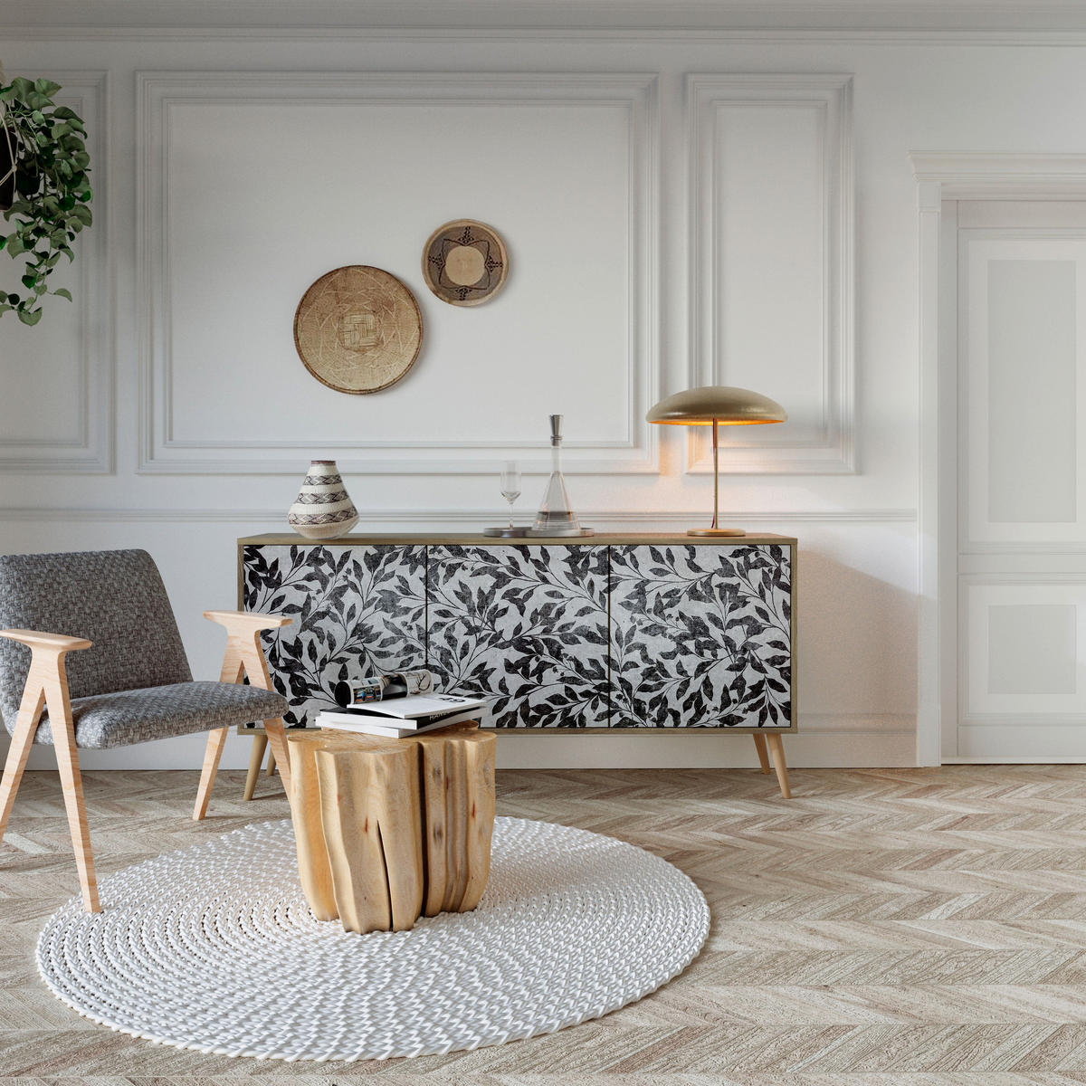 SIDEBOARD CHARCOAL SPROUT, Eicheneffekt, 164,5x42x77,5 cm, 3 Türen - Eichefarben/Buchefarben, Holzwerkstoff/Buchenholz (164.5/77.5/42cm) - SpaceRebels