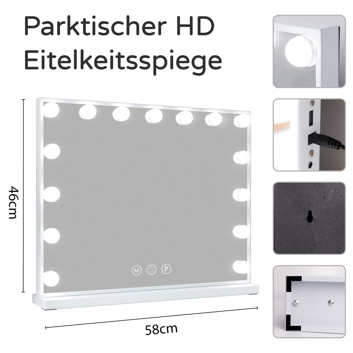 SCHMINKSPIEGEL mit LED-Beleuchtung weiß 58/46 cm - Weiß, Metall (58/46/3cm) - VANITII