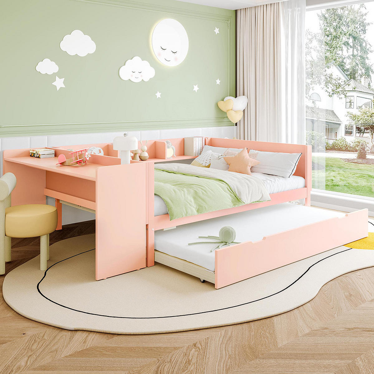 DOPPELBETT 140x200cm mit Rollbett in Rosa - Pink, Holz (140/200cm) - KOMHTOM