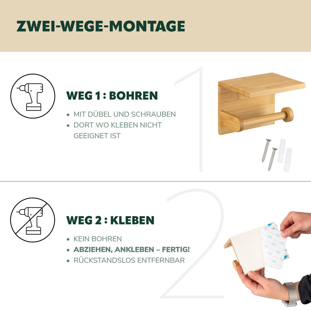 TOILETTENPAPIERHALTER, Bambus, zum Kleben - Braun, Holz (20/4/11.5cm) - eluno