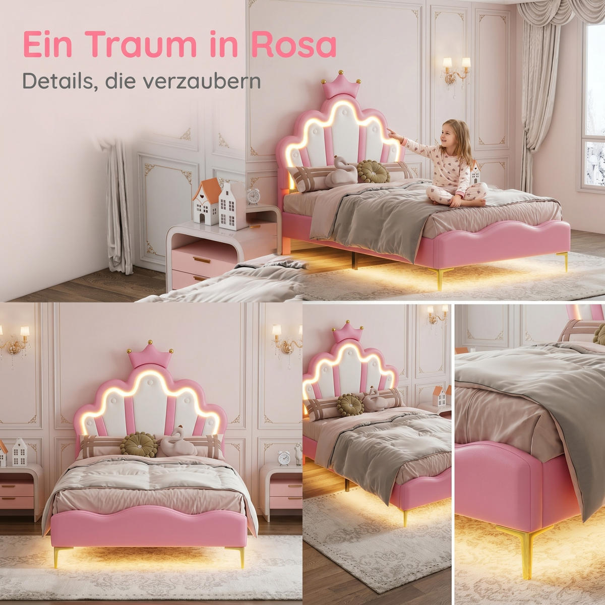 KINDERBETT 90 x 200 cm mit LED-Beleuchtung und höhenverstellbarem Kopfteil - Goldfarben/Rosa, Leder/Holz (90/200cm) - PARAFTA HOME