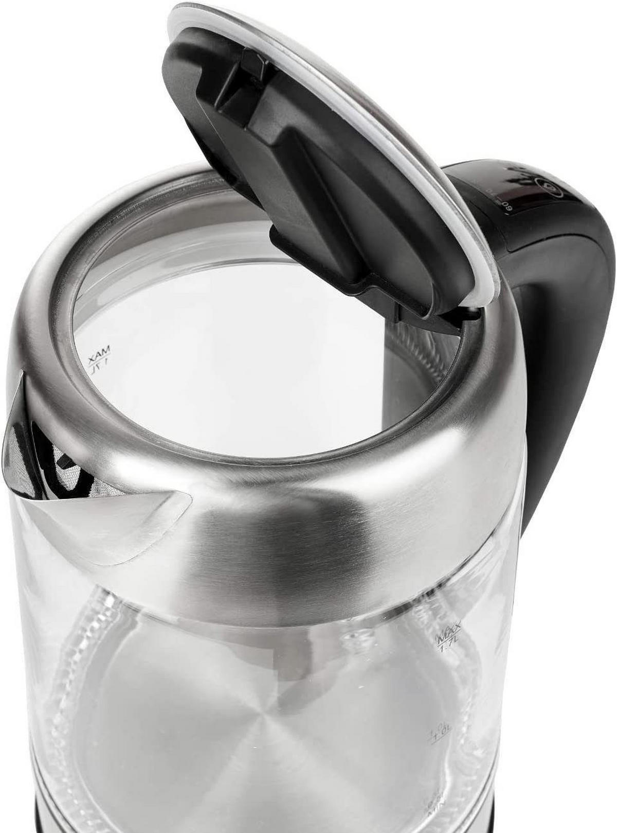 WASSERKOCHER AD1247 1,7L 2200W Glas Edelstahl – Temperaturwahl 60–100°C, LED Farbwechsel, Warmhaltefunktion, Antikalkfilter, BPA-frei, 360° Basis - Transparent/Silberfarben, Kunststoff/Metall (22/25/17cm) - Adler