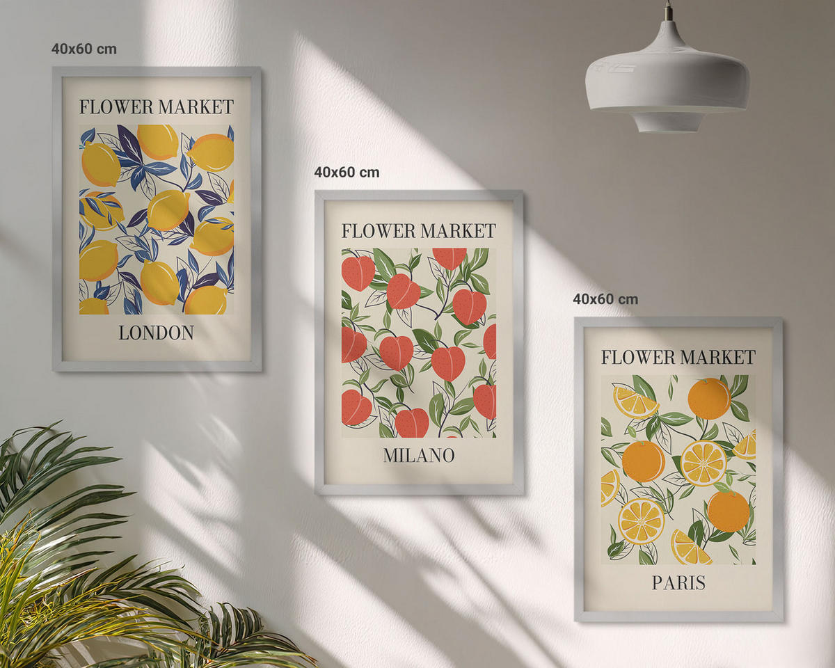 WANDBILDER 3er Set - 40x60 cm Silberner Rahmen - Blumenplakate in Städten - Silberfarben, Kunststoff (40/60cm) - ArtPrintCave