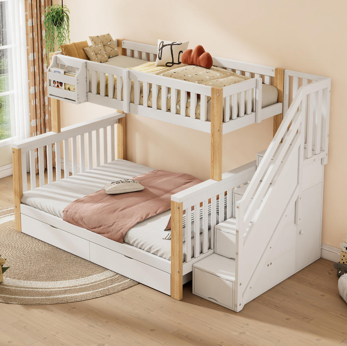 ETAGENBETT 140/200 cm Weiß-Natur mit Treppenschrank Stauraum und Schublade aus Massivholz - Weiß, Holzwerkstoff (90/200cm) - OKWISH