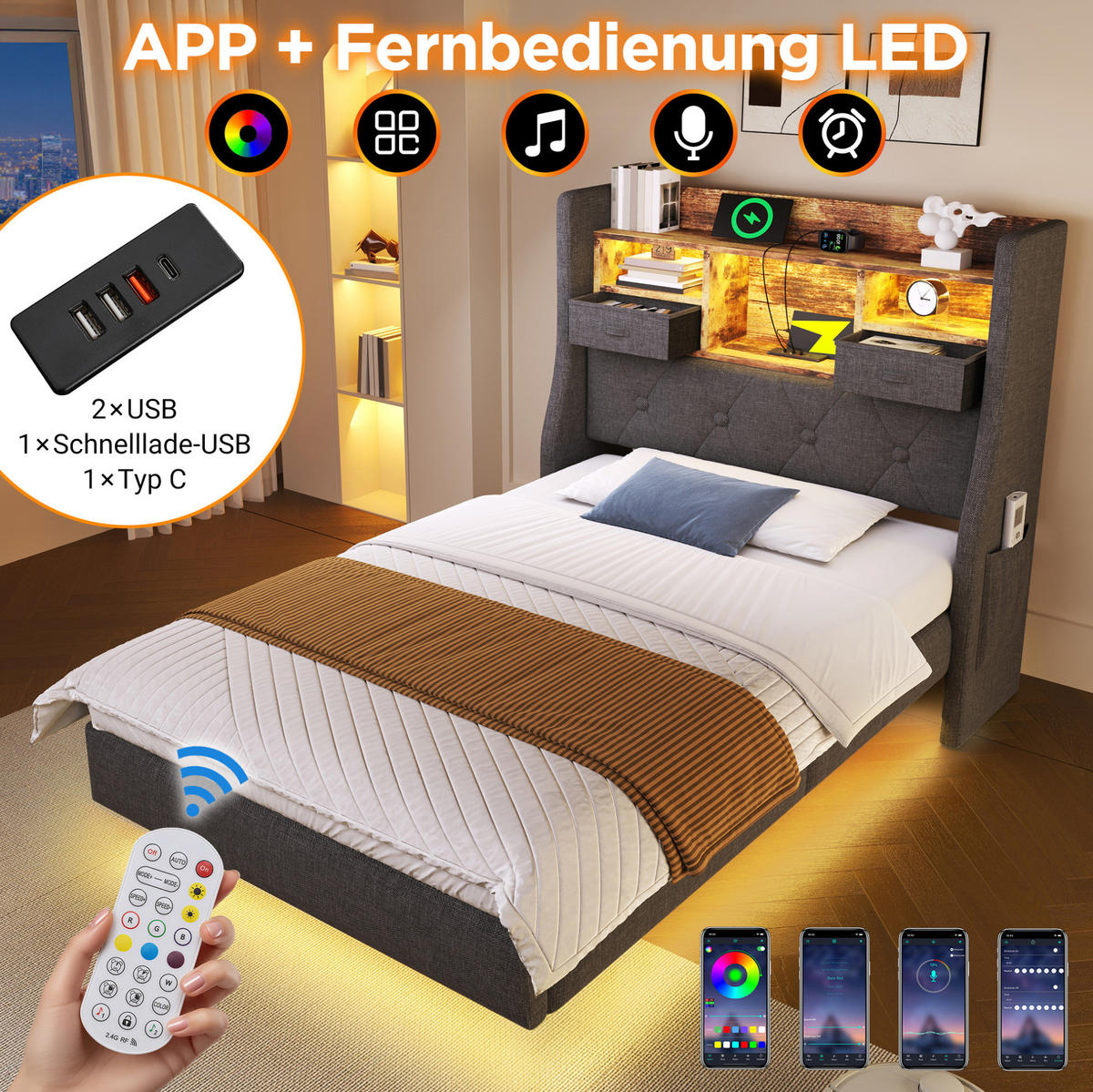 POLSTERBETT 140/200 cm mit LED-Beleuchtung, USB- und Type-C-Anschluss, Stauraum-Kopfteil und Matratze, Grau - Grau, Textil (140/200cm) - Redom