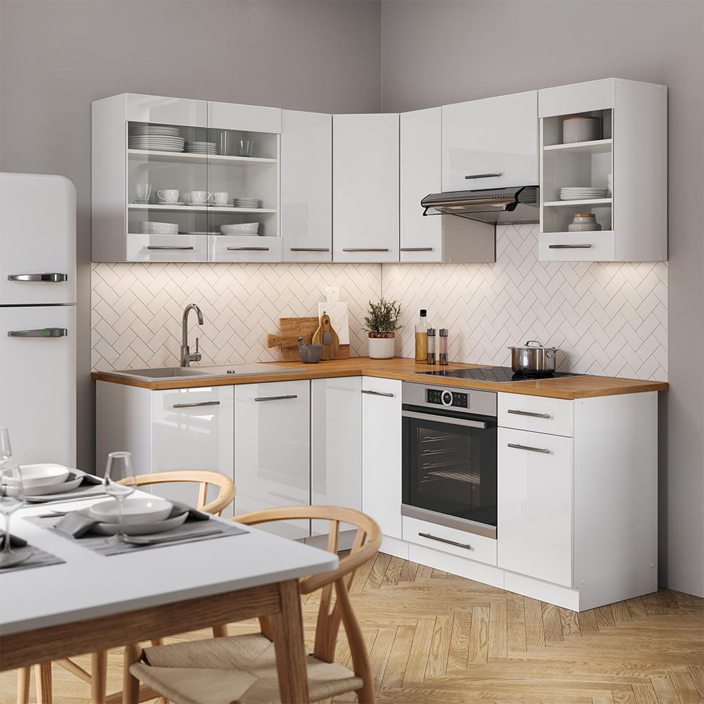 ECKKÜCHE Fame-Line Weiß/Weiß Hochglanz 190 x 160 cm ohne Arbeitsplatte - Weiß, Holzwerkstoff (190/81.6/46cm) - Vicco