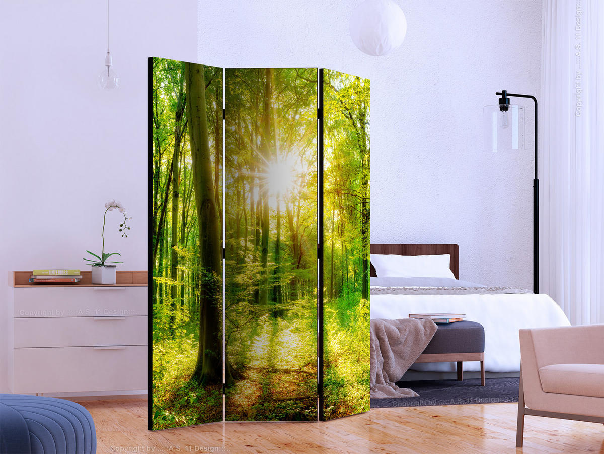 PARAVENT Einseitig Bedruckter 3-tlg 135x172 cm Sonnenstrahlen im Wald - Grün, Holz/Textil (135/172/3cm) - Muralo