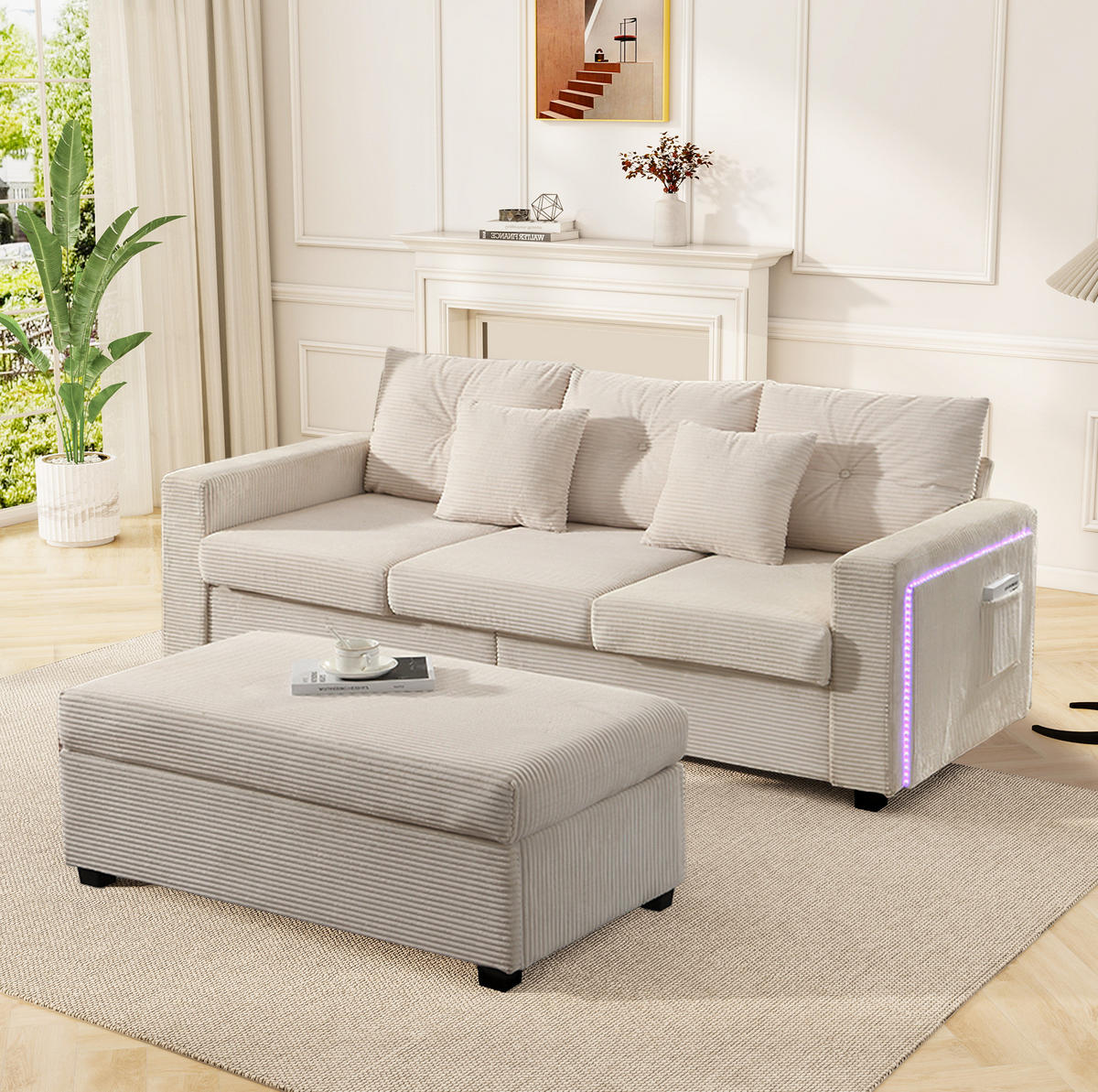 SOFA mit LED und Hocker Cord Beige 5-Kissen-Set - Beige, Kunststoff (184/85.5/84.5cm) - Meubliv