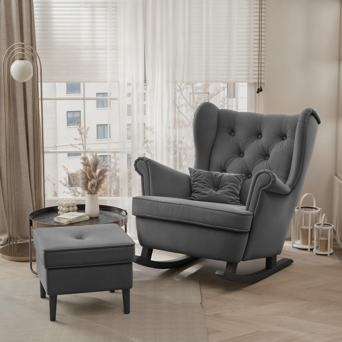 SCHAUKELSESSEL SCANDI mit hocker, Samt Graphit - Graphitfarben, Holz/Textil (75/97/60cm) - Idohome