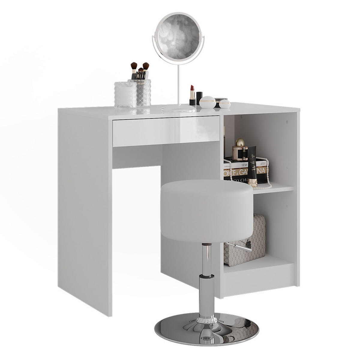 SCHMINKTISCH Sherry Weiß/Weiß Hochglanz 89.8 cm mit Hocker - Weiß Hochglanz, Holzwerkstoff (89.8/76/50.1cm) - Vicco