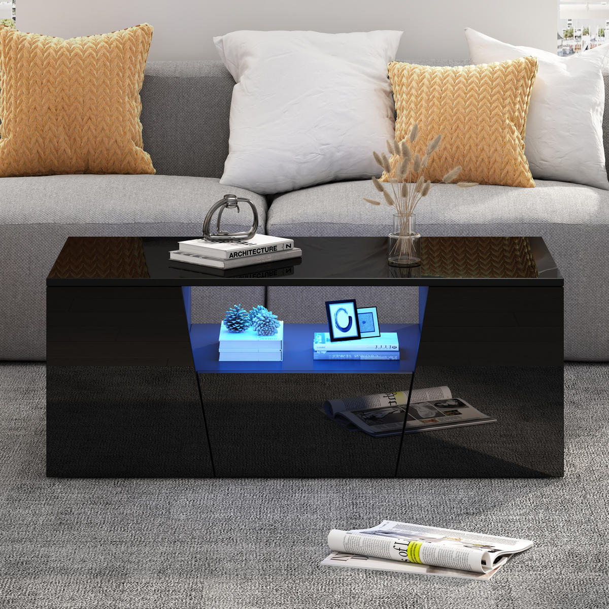 COUCHTISCH 100/50/40 cm schwarz mit LED-Beleuchtung 2 Schränken und 1 Schublade - Schwarz, Holzwerkstoff (100/50/40cm) - OKWISH