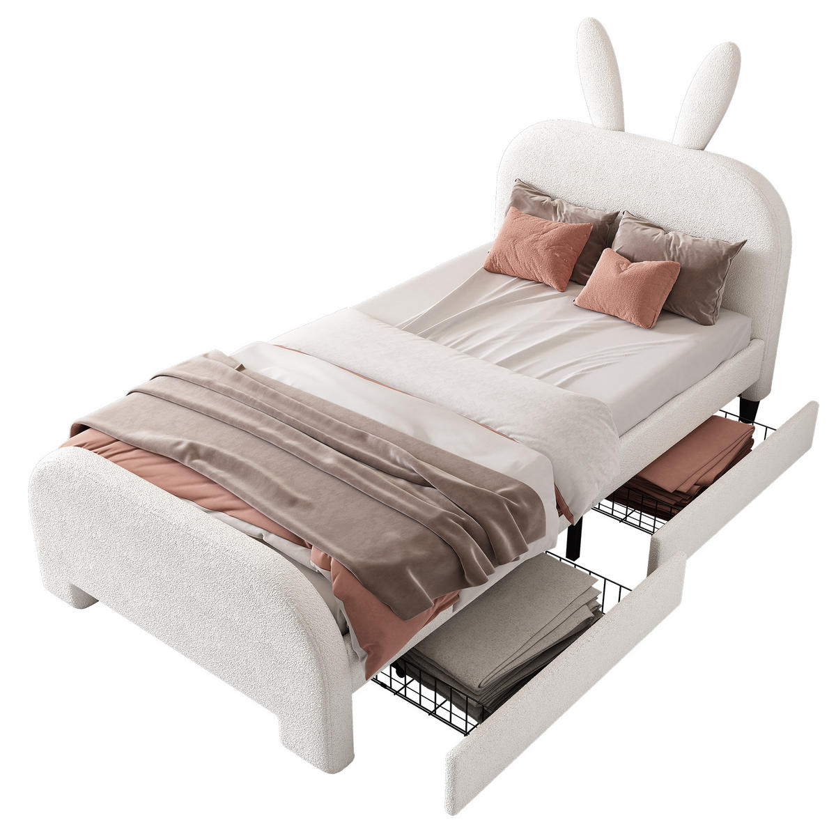 BETT 90/200 cm Cartoon Kaninchenform gepolstert mit zwei Schubladen Weiß - Weiß, Textil (90/200cm) - OKWISH