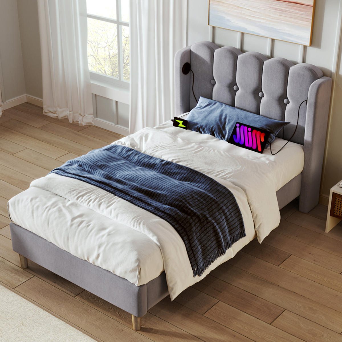 POLSTERBETT 90/200 cm Grau aus Leinen mit USB- und Typ-C-Ladefunktion - Grau, Textil (90/200cm) - OKMYHOME