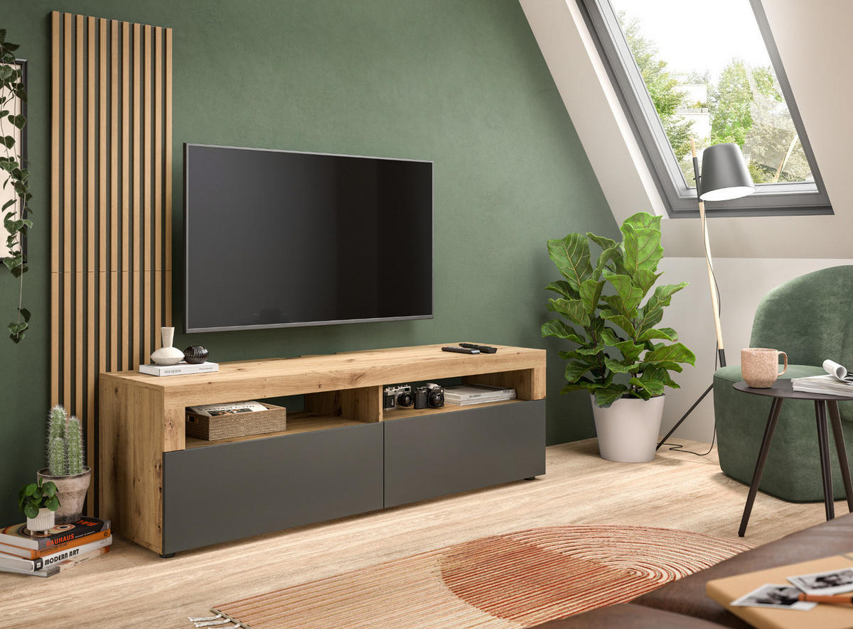 TV-LOWBOARD Eiche Artisan, grau 160 cm mit Akustikpaneelen - Schwarz/Eiche Artisan, Holzwerkstoff/Kunststoff (160/90/45cm) - Inn.Furn