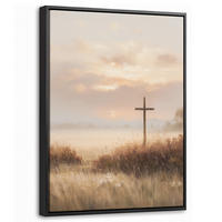 LEINWAND Bilder mit Rahmen - Gras - Morgennebel - Kreuz - Christentum - 30x40 - Beige, Textil (30/40cm) - MuchoWow