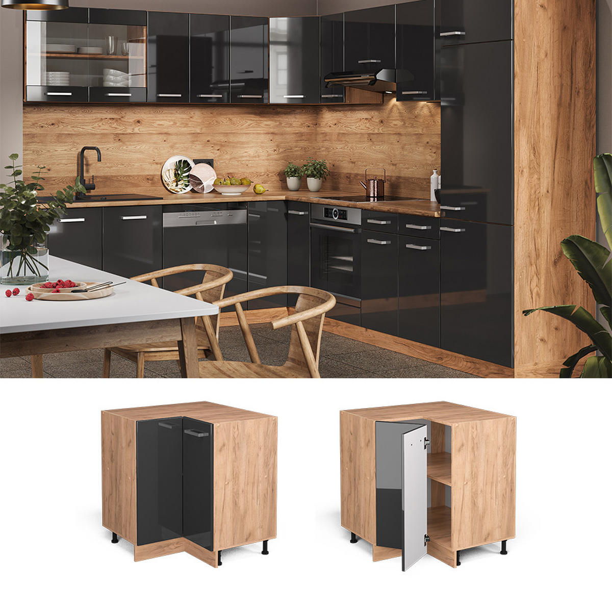 ECKUNTERSCHRANK R-Line Anthrazit Hochglanz 75.6 cm, AP Anthrazit - Anthrazit/Eiche Wotan, Holzwerkstoff (75.6/81.6/60cm) - Vicco