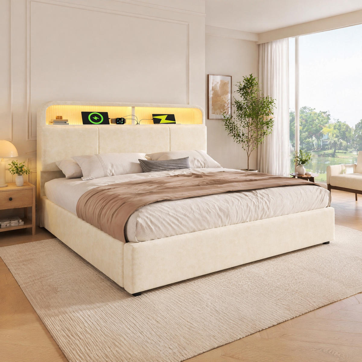 POLSTERBETT 180/200 mit Bettkasten, LED und USB in Beige - Beige, Holzwerkstoff/Textil (180/200cm) - EVRYAE
