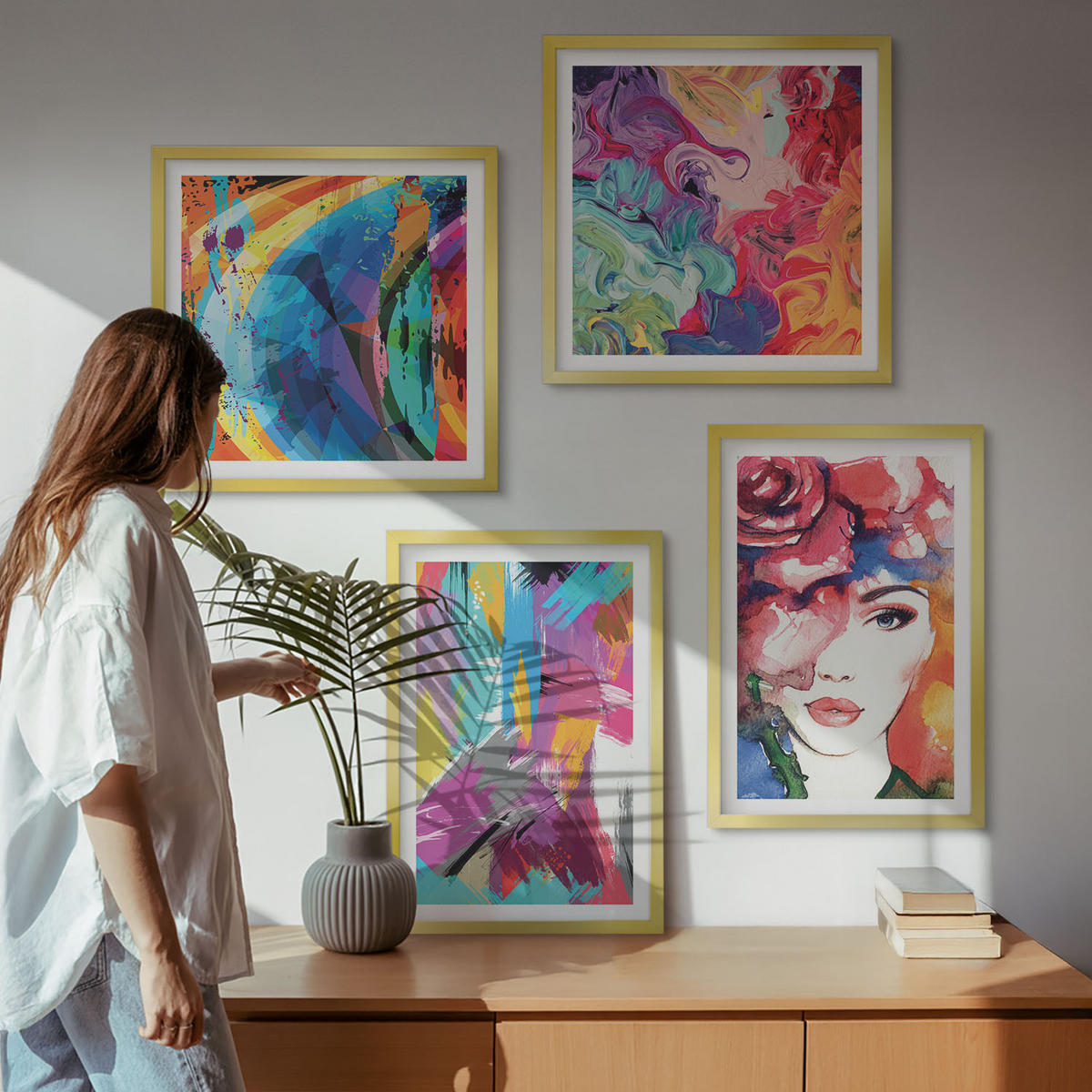 BILDER SET 4er Set - 50x50 cm & 40x60 cm Goldrahmen - Farbenfrohes abstraktes Porträt - Goldfarben, Kunststoff (50/50cm) - TULUP