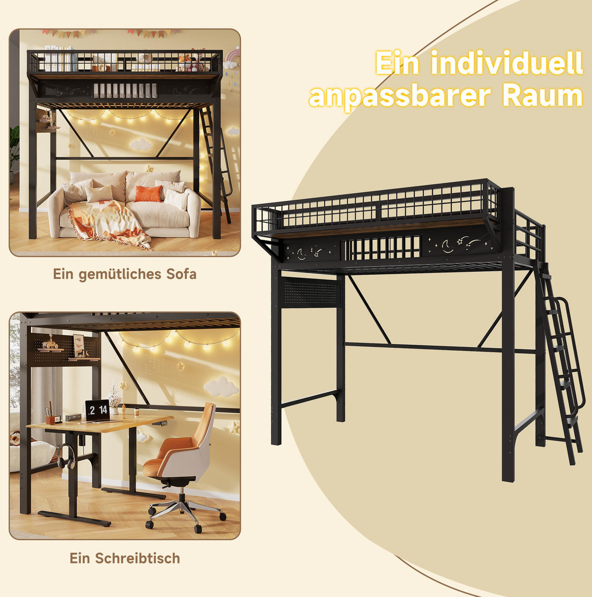 HOCHBETT aus Metall 90x200 cm Schwarz mit Staufächern und offener unterer Ebene - Schwarz, Metall (90/200cm) - Modfu